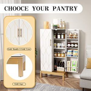 HOLTICO 45'' Kitchen Pantry Cabinet,Storage Cabinet with Doors and Adjustable Shelves,Food Pantry Cabinet for Kitchen,Dining Room,Living Room and Garage,Gold Legs,No Lines,White Cabinet.