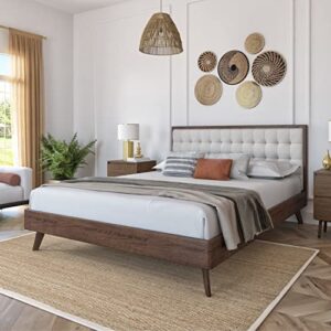 dg casa soloman mid century modern tufted upholstered platform bed frame, queen size in beige fabric