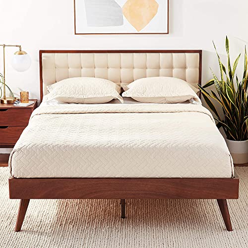 DG Casa Soloman Mid Century Modern Tufted Upholstered Platform Bed Frame, Queen Size in Beige Fabric