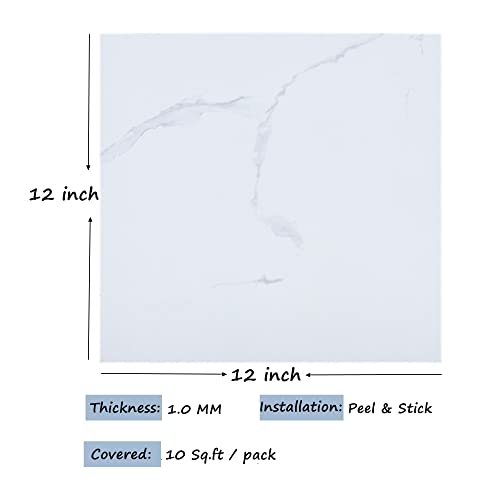 Peel and Stick Floor Tile Waterproof and Durable Vinyl Flooring for Bathroom Self Adhesive Flooring for Transfer Kitchen Bedroom Marble Look with Grey Vein 12x12 Inch (10 PCS)