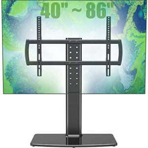universal tv stand/base tabletop tv stand with wall mount for 40 to 86 inch 5 level height adjustable, heavy duty tempered glass base, holds up to 132lbs screens, ht03b-003