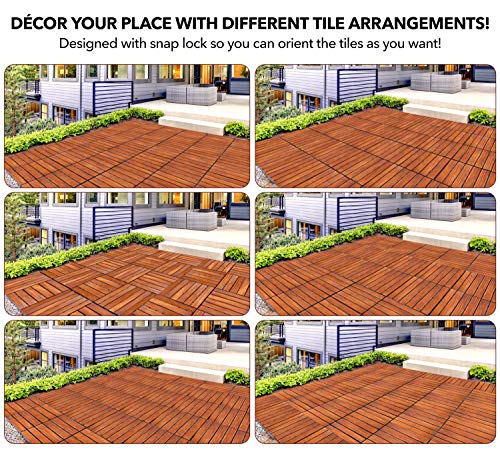 flybold Acacia Wood Outdoor Flooring Interlocking Deck Tiles (Pack of 10, 12" x 12") Patio Flooring Waterproof UV Protected All Weather Tile for Composite Decking Dance Floor for Outdoor Party Balcony