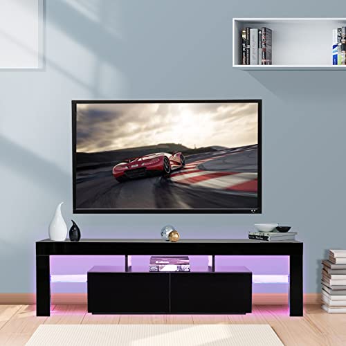 Bonnlo LED TV Stand Modern TV Stand with LED Lights for 60/65/70 Inch TV, TV Cabinet Media Storage Console Table with Drawer and Shelves for Living Room Bedroom Furniture