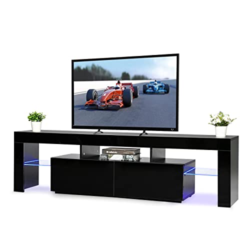 Bonnlo LED TV Stand Modern TV Stand with LED Lights for 60/65/70 Inch TV, TV Cabinet Media Storage Console Table with Drawer and Shelves for Living Room Bedroom Furniture