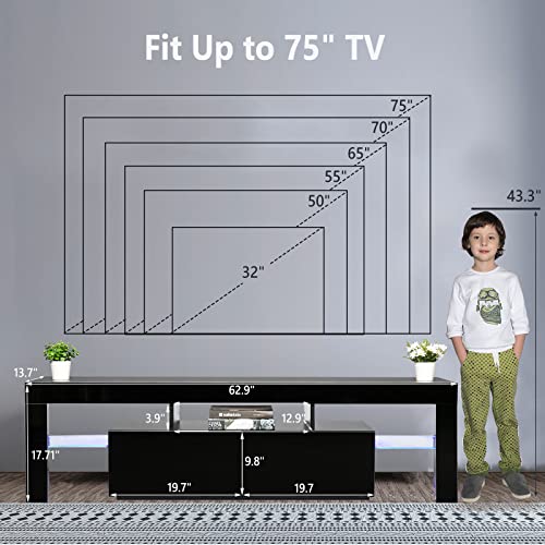Bonnlo LED TV Stand Modern TV Stand with LED Lights for 60/65/70 Inch TV, TV Cabinet Media Storage Console Table with Drawer and Shelves for Living Room Bedroom Furniture
