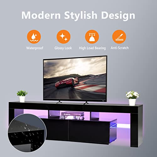 Bonnlo LED TV Stand Modern TV Stand with LED Lights for 60/65/70 Inch TV, TV Cabinet Media Storage Console Table with Drawer and Shelves for Living Room Bedroom Furniture