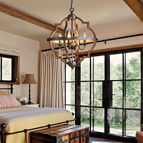 Saint Mossi 4-Lights Wooden Finish Farmhouse Chandelier Light Fixture,Rustic Globe Chandelier Style,Globe Pendant Light Farmhouse Pendant Light Fixtures,H22 x D20,Chain Adjustable