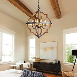 Saint Mossi 4-Lights Wooden Finish Farmhouse Chandelier Light Fixture,Rustic Globe Chandelier Style,Globe Pendant Light Farmhouse Pendant Light Fixtures,H22 x D20,Chain Adjustable