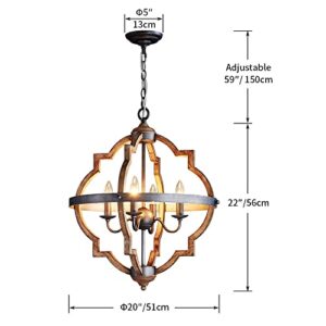 Saint Mossi 4-Lights Wooden Finish Farmhouse Chandelier Light Fixture,Rustic Globe Chandelier Style,Globe Pendant Light Farmhouse Pendant Light Fixtures,H22 x D20,Chain Adjustable