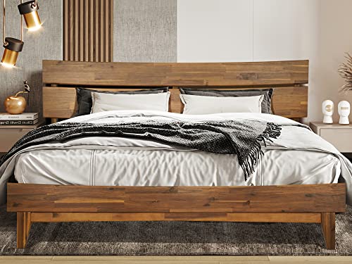 Acacia Aurora 14 Inch Wood Platform Bed, Bed Frame with Headboard, Queen Size, Caramel