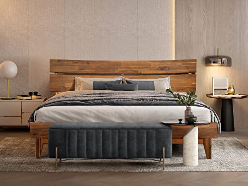 Acacia Aurora 14 Inch Wood Platform Bed, Bed Frame with Headboard, Queen Size, Caramel