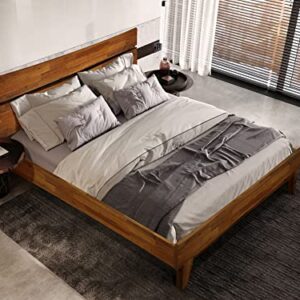 Acacia Aurora 14 Inch Wood Platform Bed, Bed Frame with Headboard, Queen Size, Caramel