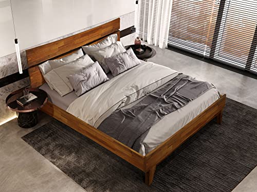 Acacia Aurora 14 Inch Wood Platform Bed, Bed Frame with Headboard, Queen Size, Caramel