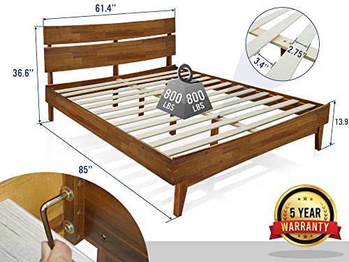 Acacia Aurora 14 Inch Wood Platform Bed, Bed Frame with Headboard, Queen Size, Caramel