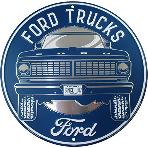 HangTime Ford Truck Sign, Vintage Metal Decor with Classic Old F-Series Pick-Up, 12 Inch Round Wall Art