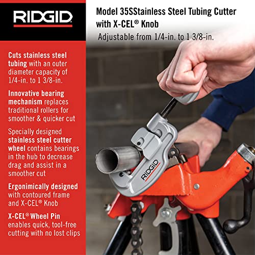 RIDGID 29963 Model 35S 1/4" to 1-3/8" Stainless Steel Tubing Cutter with X-CEL Knob, Silver