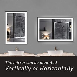 FRALIMK Black Framed LED Bathroom Vanity Mirror 24 x 36 inch, High Lumen Lighted Wall Vanity Bathroom Mirror with Lights, Anti-Fog & Auto-Off Defogging Makeup Mirror, Vertical/Horizontal