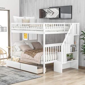 full over full bunk beds, solid wood full bunk beds with two drawers, inner bookcase and stairway for kids and teenages, white