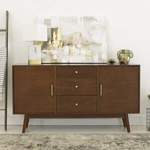 walker edison mid century modern-tv stand console with 3 drawers and closed cabinet storage, 60″, walnut
