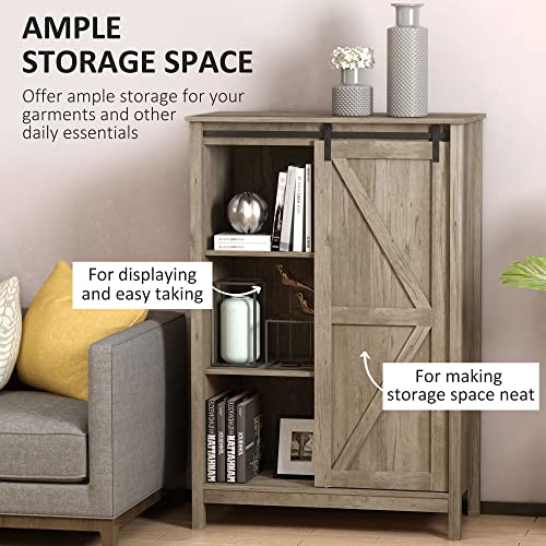 HOMCOM Accent Cabinet, Kictchen Cupboard Storage Cabinet, 3-Tier Organizer with Barn Door and Adjustable Shelf, Antique Grey