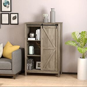 HOMCOM Accent Cabinet, Kictchen Cupboard Storage Cabinet, 3-Tier Organizer with Barn Door and Adjustable Shelf, Antique Grey