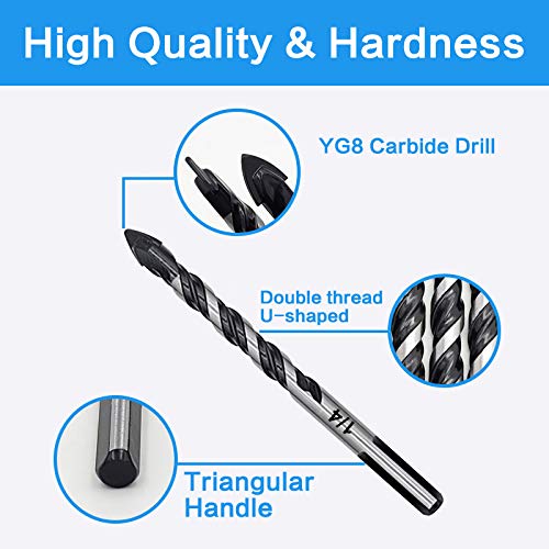 10-Piece Masonry Drill Bits Set for Tile Glass Ceramic Brick Wood, 1/8 to 1/2 Inch Drilling Bits with Triangle Handle, YG8 Tungsten Steel Alloy Tip.（Black）