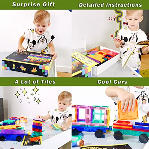Magnetic Tiles with Cars, Kids Gifts & Toys for 3 Year Old Boys, Educational Toys for Toddlers Kids Age 3-5 4-8, Building Toys Inspire Kids Interest in STEM Learning