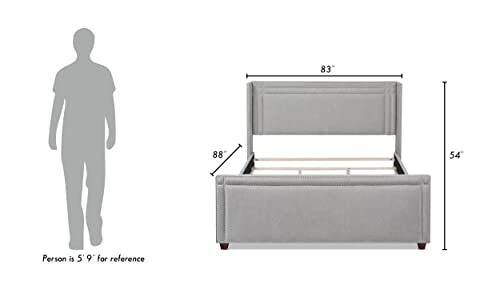 Jennifer Taylor Home Elle Collection Modern Upholstered King Size Bed Frame, Nailhead Trim, Silver Gray