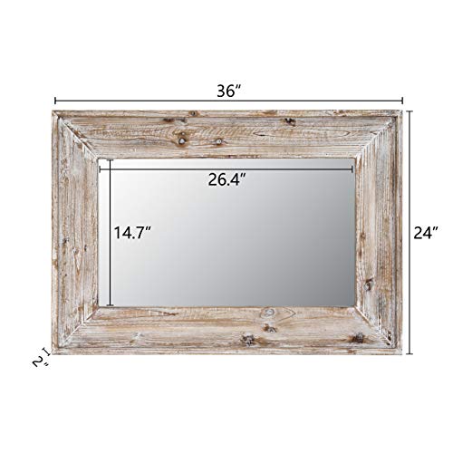 EMAISON 36 x 24 inches Wall Mounted Decorative Mirror, Rustic Wood Framed Rectangular Hanging Mirror with 4 Hangers for Farmhouse Bathroom, Entryway, Bedroom Décor