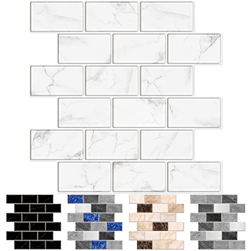 URCOLOR 10-Sheet Peel and Stick Backsplash Tile Sticker for Kitchen,12"x12" Self Adhesive Subway Wall Tiles Stick on Back Splashes for Bathroom White Marble Design