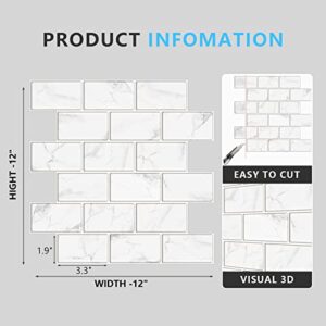 URCOLOR 10-Sheet Peel and Stick Backsplash Tile Sticker for Kitchen,12"x12" Self Adhesive Subway Wall Tiles Stick on Back Splashes for Bathroom White Marble Design