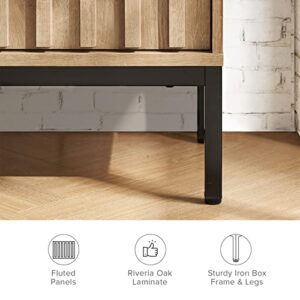 Mopio Norwin 64" TV Stand for Televisions up to 70", Modern Industrial Farmhouse Entertainment Center, TV Console, with Storage Shelves, Sturdy Metal Legs, Sliding Door, & Leveler for Living Room, Oak