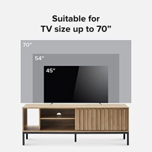 Mopio Norwin 64" TV Stand for Televisions up to 70", Modern Industrial Farmhouse Entertainment Center, TV Console, with Storage Shelves, Sturdy Metal Legs, Sliding Door, & Leveler for Living Room, Oak