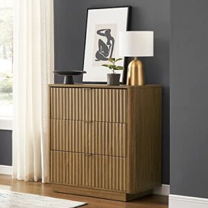mopio brooklyn mid-century modern dresser/credenza, waveform panel with sleek curved profile with aluminum handle 3-drawers for bedroom/living room, sturdy anti-tipping base (natural walnut, dresser)