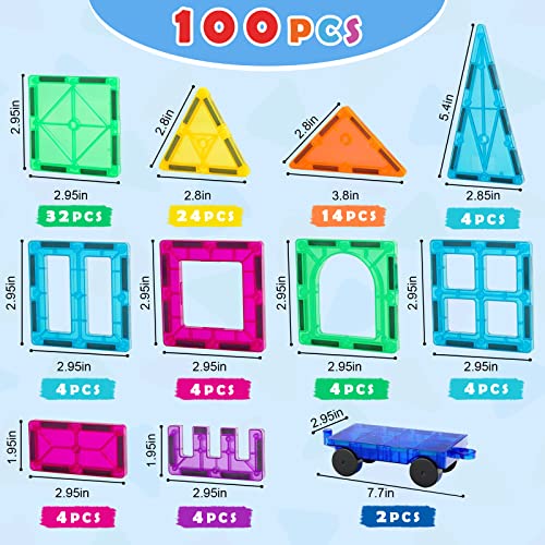 Magnetic Tiles Building Blocks, Magnet Toys for Kids, STEM Approved Educational Toys,3D Magnet Puzzles Stacking Blocks for Boys Girls,100 PCS Advanced Set with 2 Cars…