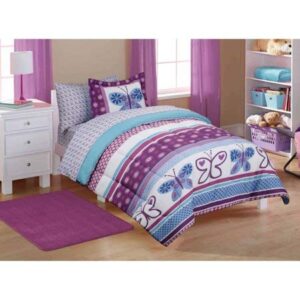 mainstay kids’ coordinated bed in a bag includes comforter, pillow sham(s), flat sheet, fitted sheet, pillow case(s), (twin, purple butterfly bed)