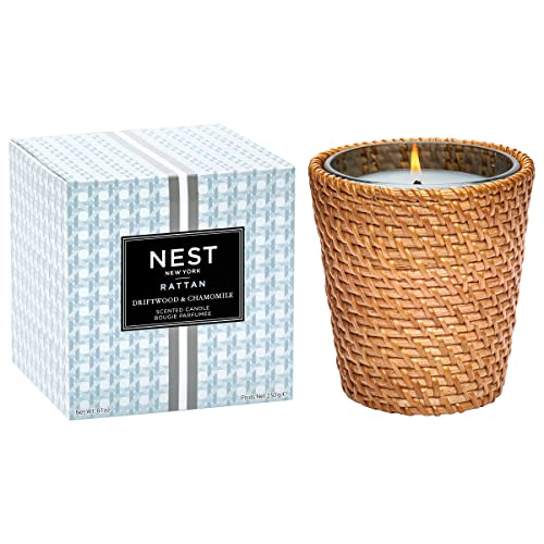 NEST Fragrances Driftwood & Chamomile Scented Classic, Long-Lasting Candle for Home with Rattan Sleeve, 8 Oz