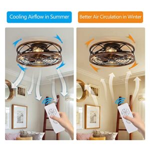 TIFEROR Caged Ceiling Fan with Light, 20 in Bladeless Ceiling Fan with Remote Control, 3 Speeds Low Profile Modern Enclosed Ceiling Fans with Reversible Motor, Matte Black (5 E26 Bulb Include)