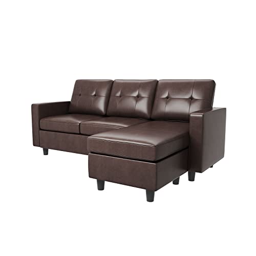 HONBAY Convertible Sectional Sofa Couch, L Shaped Sofa Couch with Faux Leather Sectional for Small Apartment, Brown