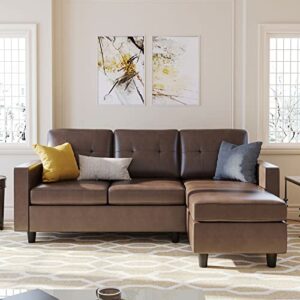HONBAY Convertible Sectional Sofa Couch, L Shaped Sofa Couch with Faux Leather Sectional for Small Apartment, Brown