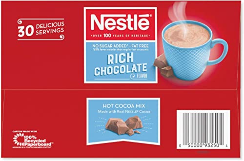 Nestle Hot Chocolate Packets, Hot Cocoa Mix, No Sugar Added and Fat Free, 30 Count (0.28 ounce Each)