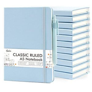 12 pack notebooks journals bulk with 12 black pens, feela a5 hardcover notebook classic ruled journal set with pen holder for school business work travel writing, 120 gsm, 5.1”x8.3”, light blue