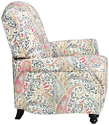 Elm Lane Ethel Multi-Colored Coral Paisley Patterned Recliner Chair Modern Armchair Comfortable Push Manual Reclining Footrest Upholstered Bedroom Living Room Reading Home Relax Office