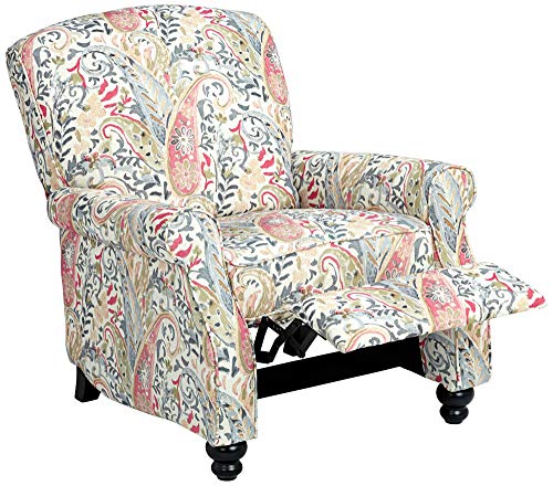 Elm Lane Ethel Multi-Colored Coral Paisley Patterned Recliner Chair Modern Armchair Comfortable Push Manual Reclining Footrest Upholstered Bedroom Living Room Reading Home Relax Office