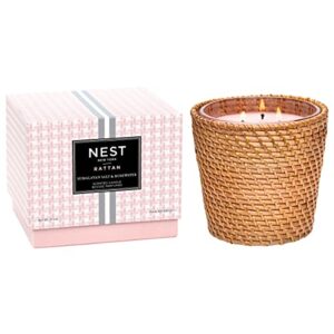 nest fragrances himalayan salt & rosewater scented 3-wick, long-lasting candle for home with rattan sleeve, 21 oz