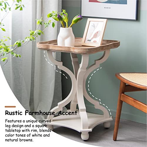 COZAYH Rustic Farmhouse Cottagecore Accent End Table, Natural Tray Top Side Table Nightstand for Family, Dinning or Living Room, Handcrafted Finish, Modern, White