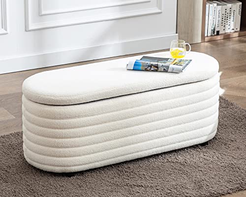 DM Furniture DM-Furniture Storage Ottoman Bench Upholstered Fabric Storage Bench End of Bed Stool with Safety Hinge for Bedroom, Living Room, Entryway (44.5-inch, White) (TN2436)