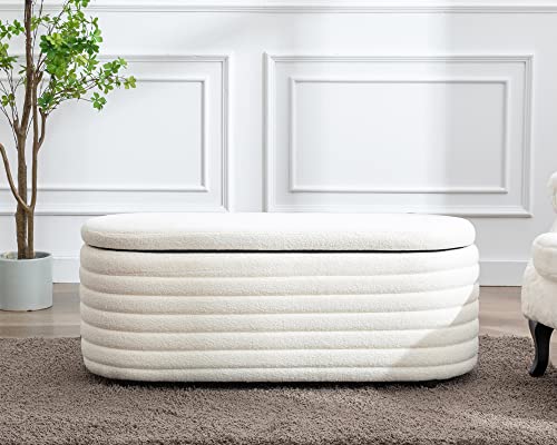 DM Furniture DM-Furniture Storage Ottoman Bench Upholstered Fabric Storage Bench End of Bed Stool with Safety Hinge for Bedroom, Living Room, Entryway (44.5-inch, White) (TN2436)