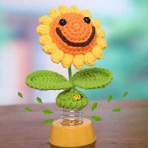 sunflower little sun auto parts dashboard decoration, crochet smiley head shaking sunflower car decoration cute girl car interior desk decoration gift (handmade crochet) (geometric, orange)