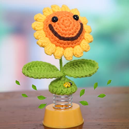 Sunflower Little Sun Auto Parts Dashboard Decoration, Crochet Smiley Head Shaking Sunflower Car Decoration Cute Girl Car Interior Desk Decoration Gift (Handmade Crochet) (Geometric, Orange)